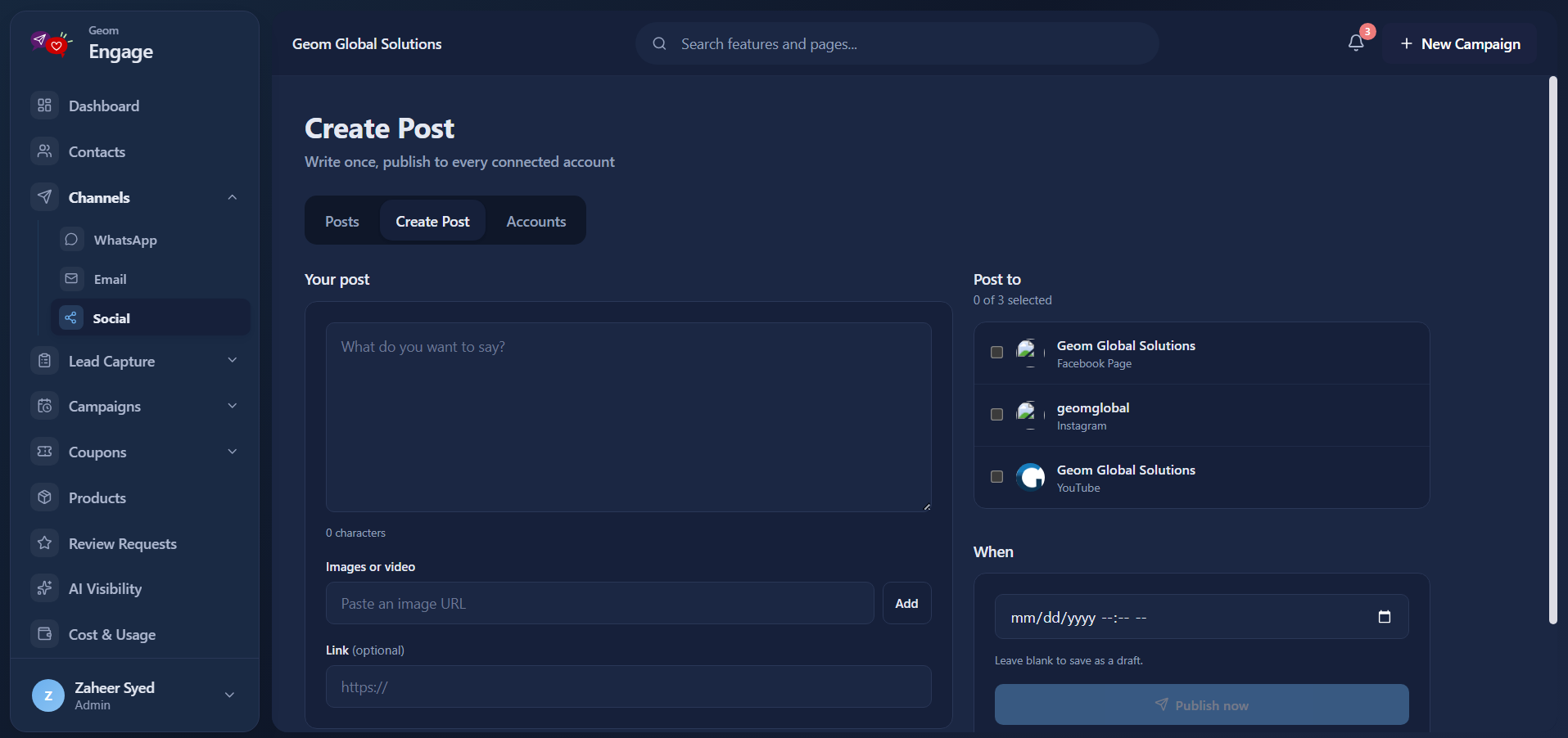 The post composer with account selection