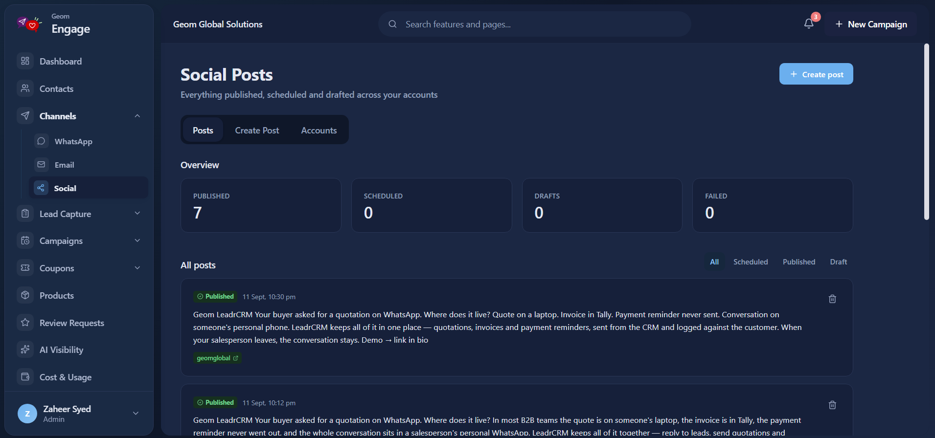 Campaign overview in Geom Engage